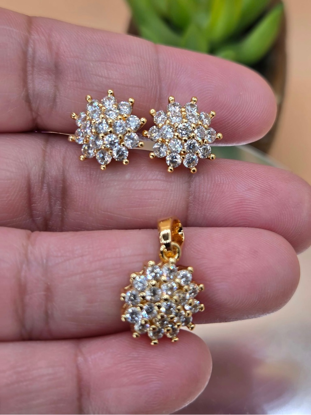 Gold Plated Crystal Cluster Pendant and Stud Earrings Set - Women's Jewelry